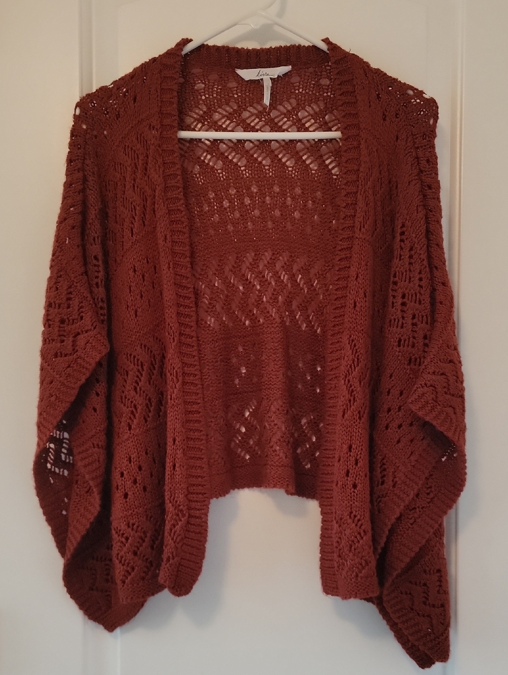 Kirra Open-Knit Draped Cardigan in Rust Brown
